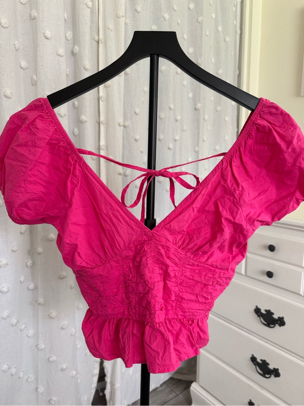 Fuchsia Puff Sleeve V-Neck Tie-Back Blouse